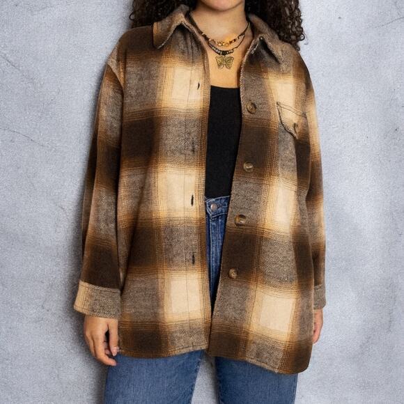 Old Navy Oversized Soft Brushed Brown Plaid Flannel Shacket Small - Picture 1 of 11